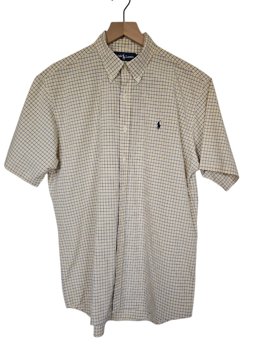 Ralph Lauren Short Sleeve Button-Down Shirt Yellow with Navy Check Size Medium